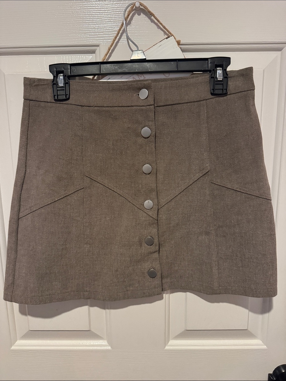 She + Sky Taupe Button-Front Mini Skirt